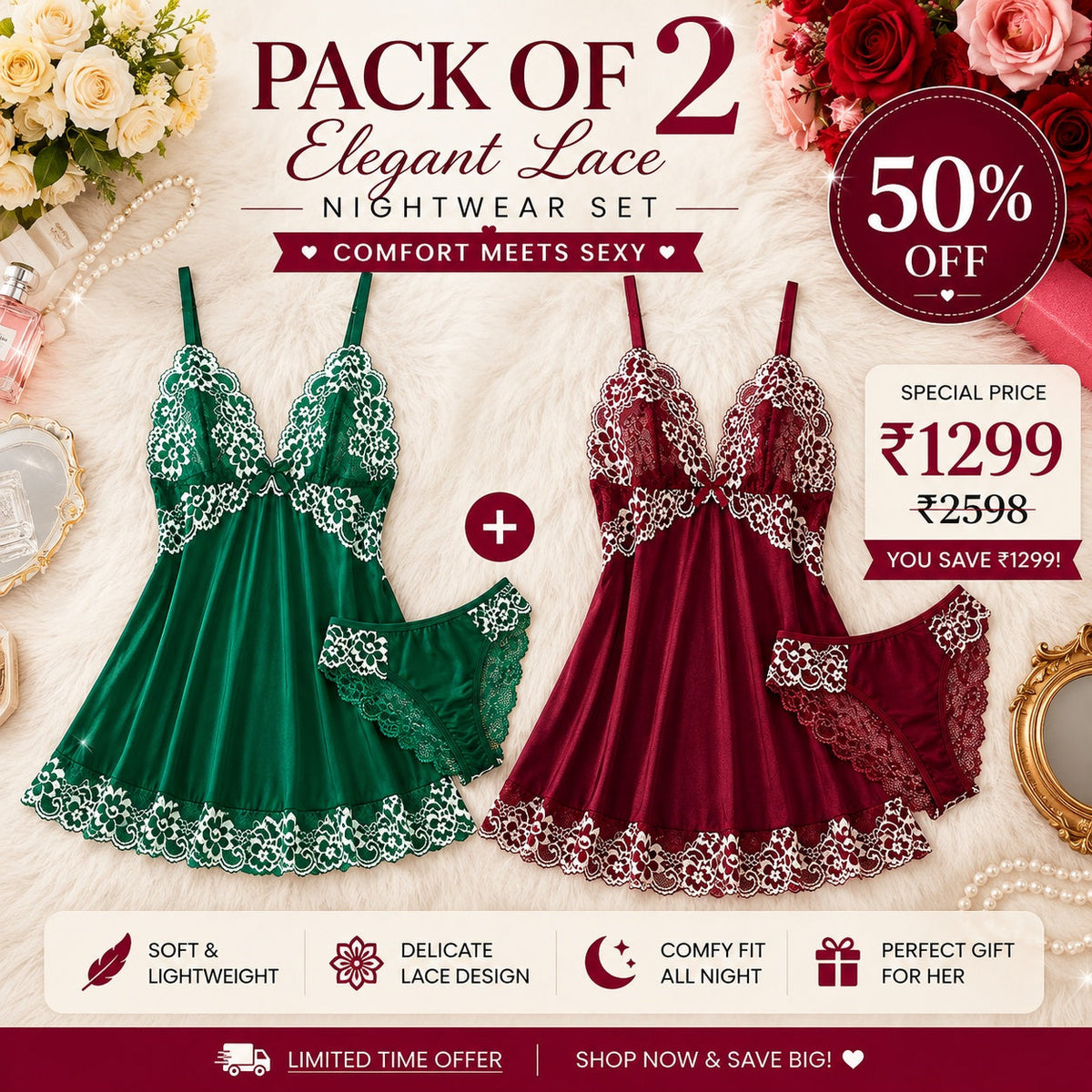 Pack of 2 Premium Lace Babydoll Nightwear Set | 50% OFF | Only ₹1299