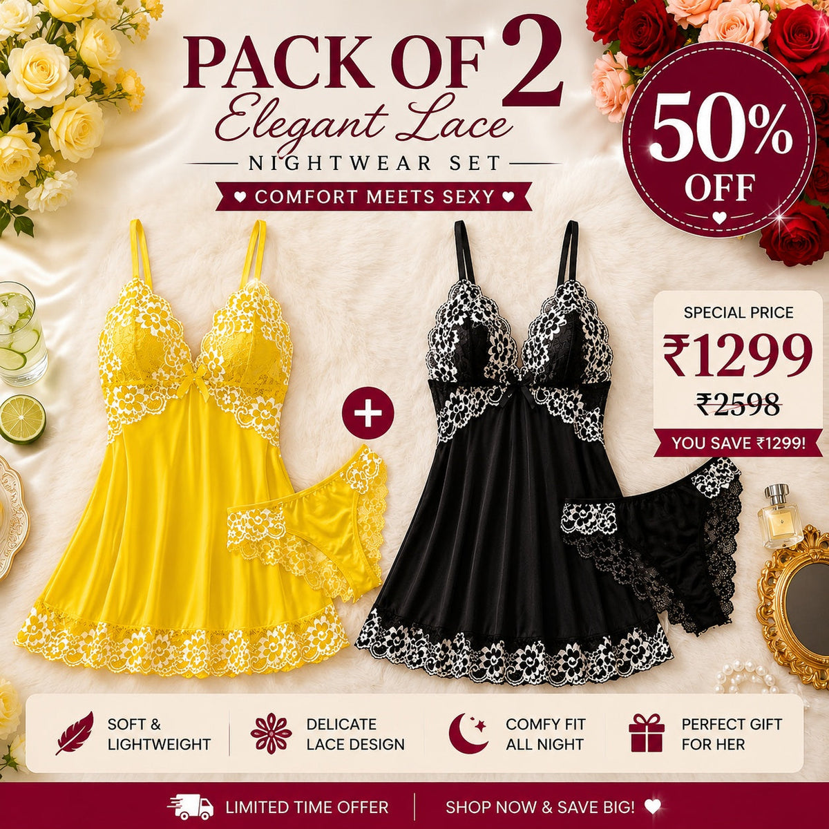 Pack of 2 Premium Lace Babydoll Nightwear Set | 50% OFF | Only ₹1299