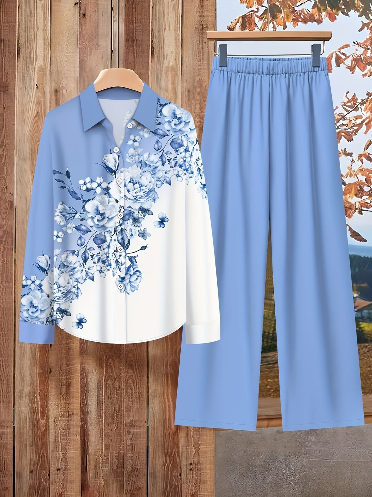 Women’s Floral Color-Block Blouse & Relaxed Trousers Co-Ord Set