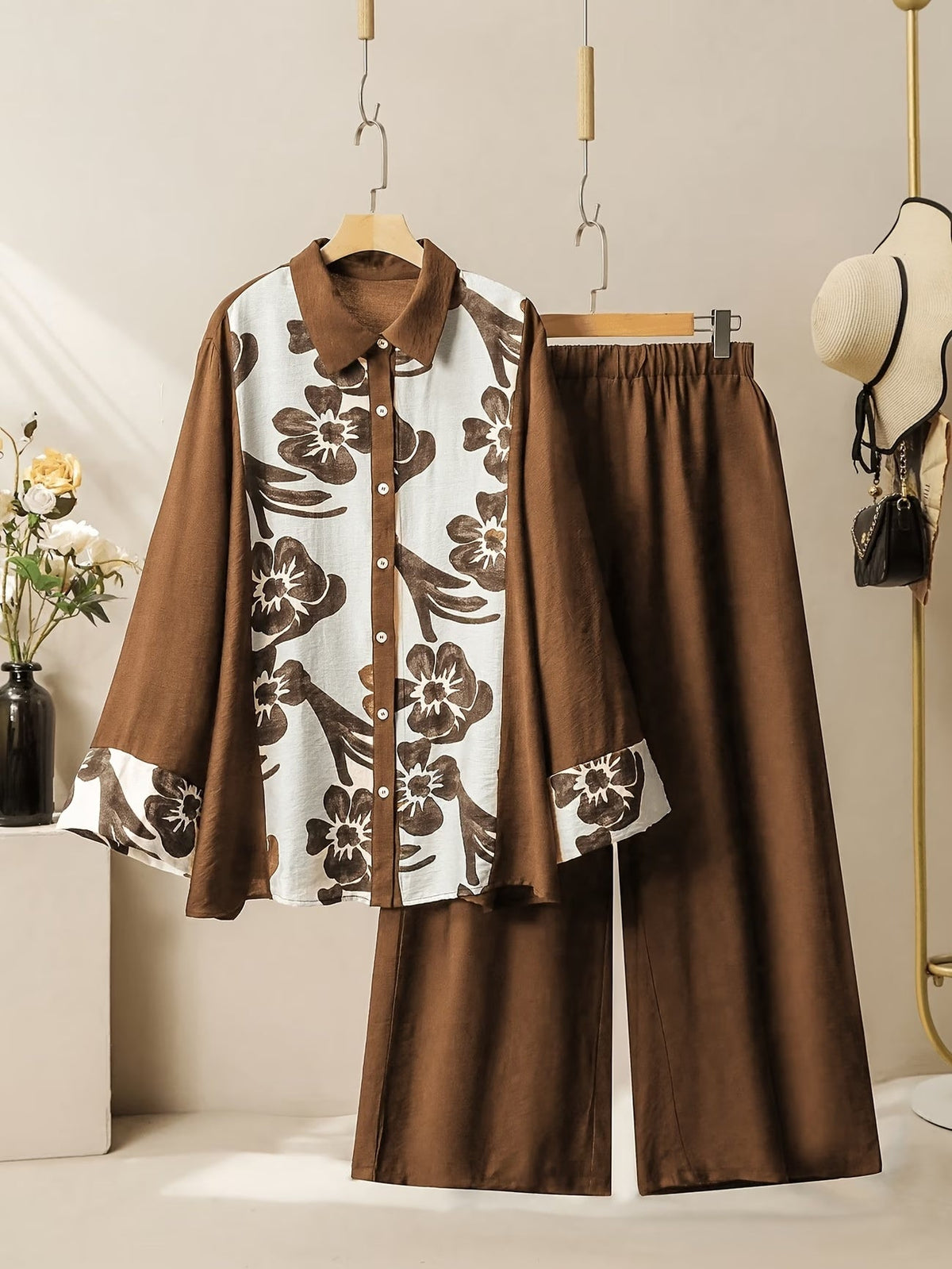 Women’s Floral Color-Block Blouse & Relaxed Trousers Co-Ord Set