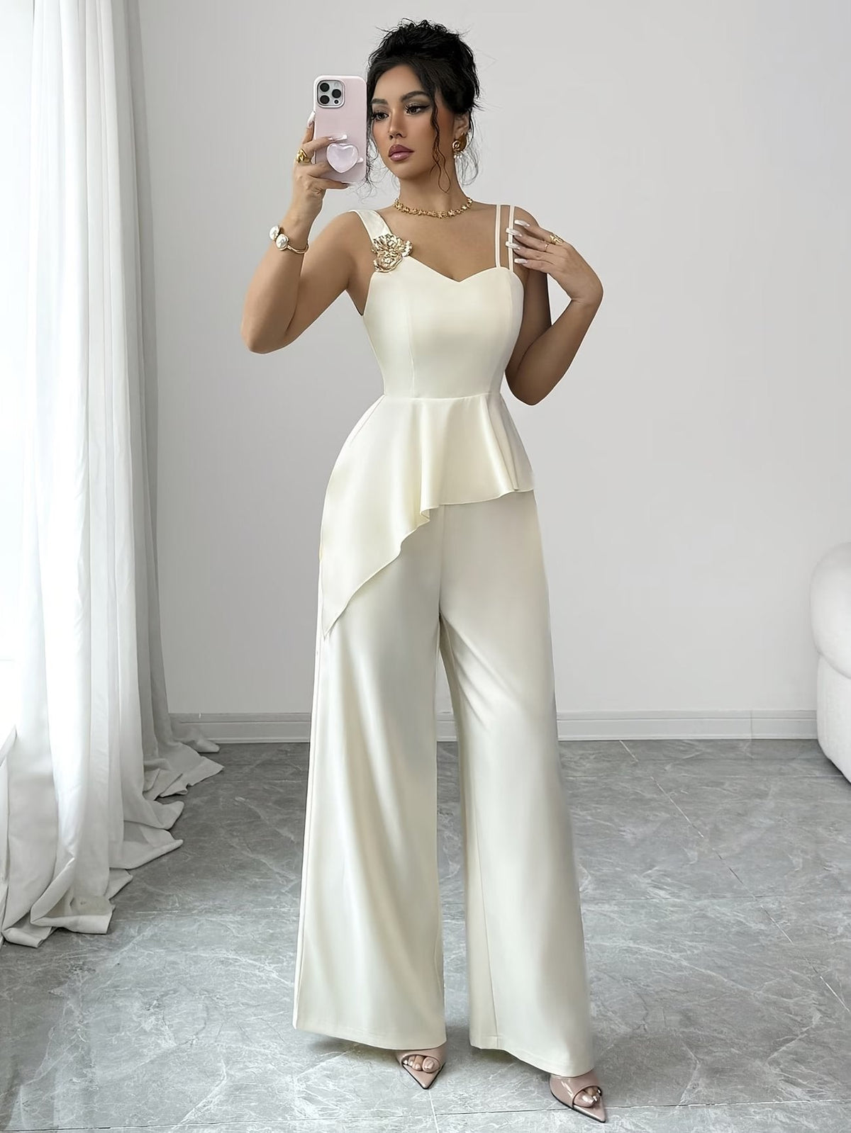 Chic Asymmetric Top, Skirt & Wide-Leg Pants
