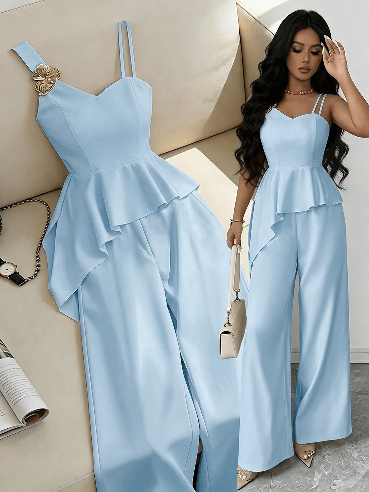 Chic Asymmetric Top, Skirt & Wide-Leg Pants