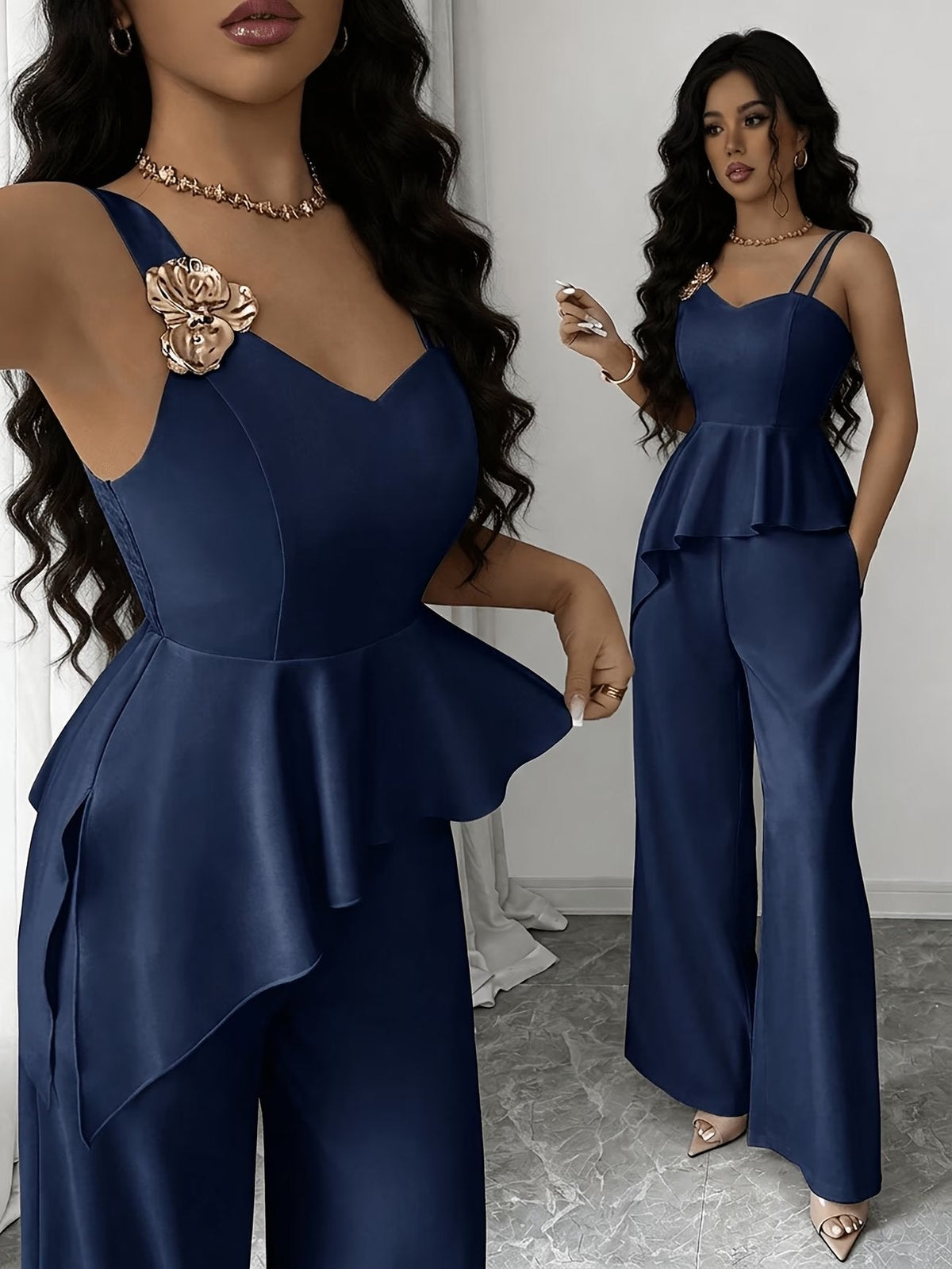 Chic Asymmetric Top, Skirt & Wide-Leg Pants