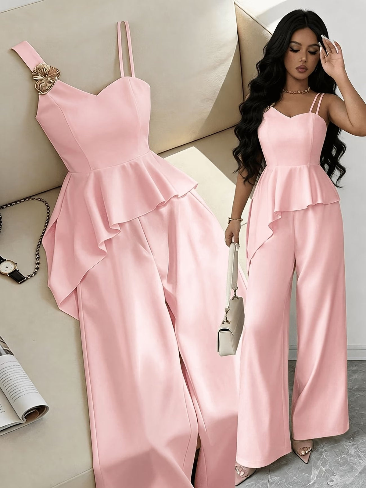 Chic Asymmetric Top, Skirt & Wide-Leg Pants