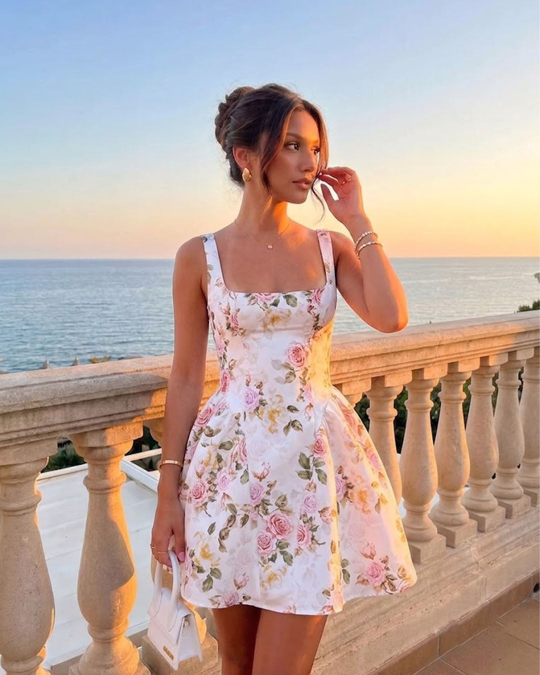Floral Print Pleated Waist Mini Dress in Classic White