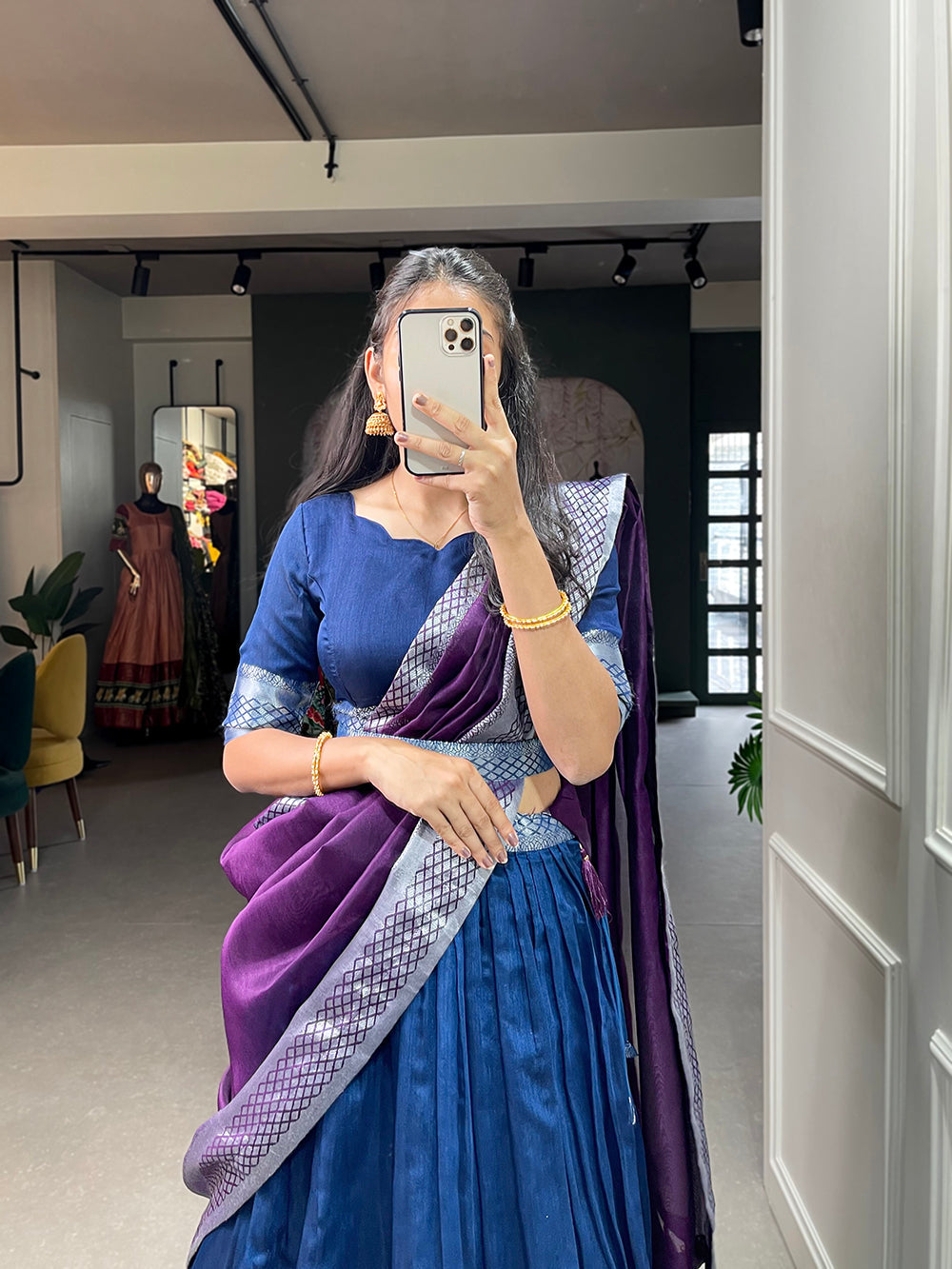 Blue Color Plain And Silver Viscose Chanderi Dupion Silk Semi Stich Half Saree Lehenga Choli