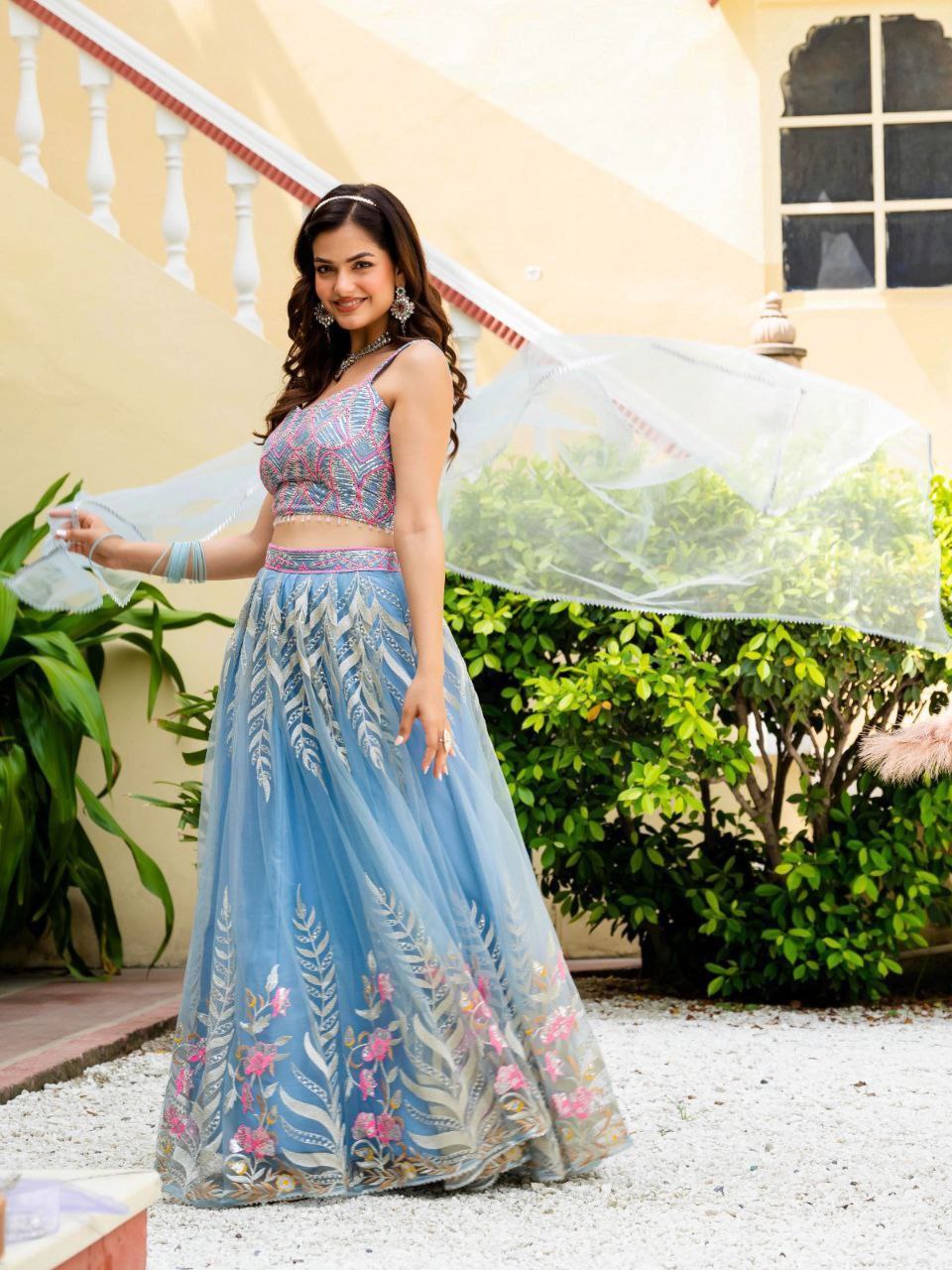Dusty Blue Elegant Net Lehenga with Zari, Sequin & Embroidery Work Semi-Stitched Lehenga with Matching Unstitched Blouse