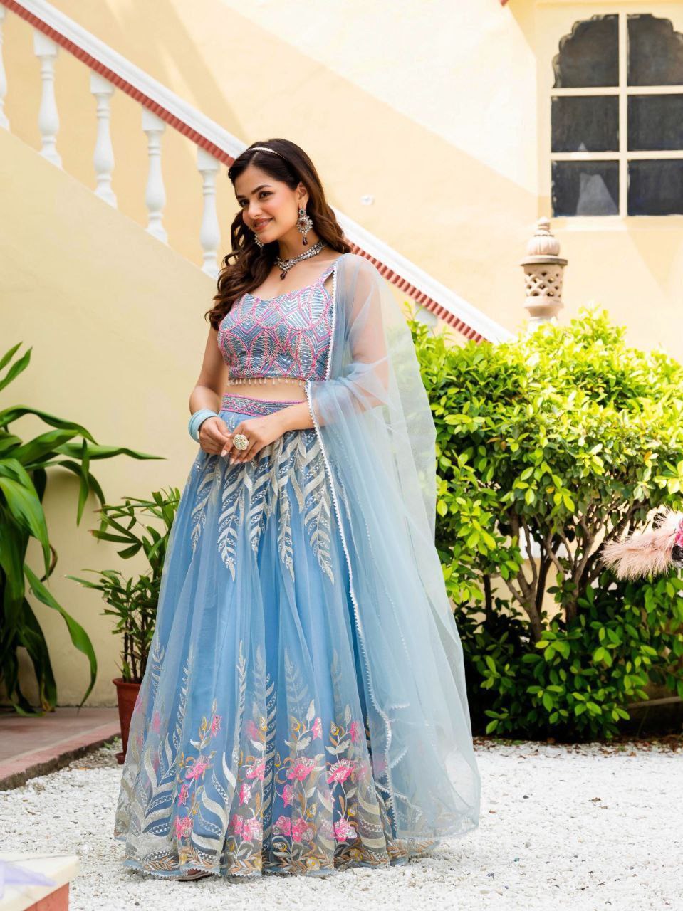 Dusty Blue Elegant Net Lehenga with Zari, Sequin & Embroidery Work Semi-Stitched Lehenga with Matching Unstitched Blouse