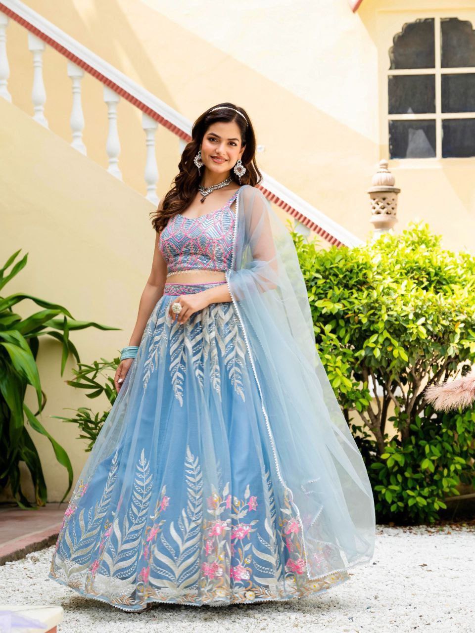 Dusty Blue Elegant Net Lehenga with Zari, Sequin & Embroidery Work Semi-Stitched Lehenga with Matching Unstitched Blouse
