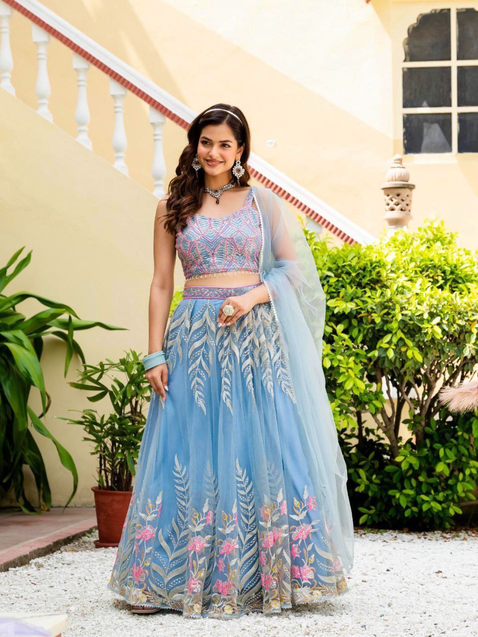 Dusty Blue Elegant Net Lehenga with Zari, Sequin & Embroidery Work Semi-Stitched Lehenga with Matching Unstitched Blouse