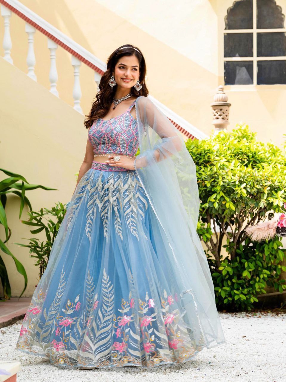 Dusty Blue Elegant Net Lehenga with Zari, Sequin & Embroidery Work Semi-Stitched Lehenga with Matching Unstitched Blouse