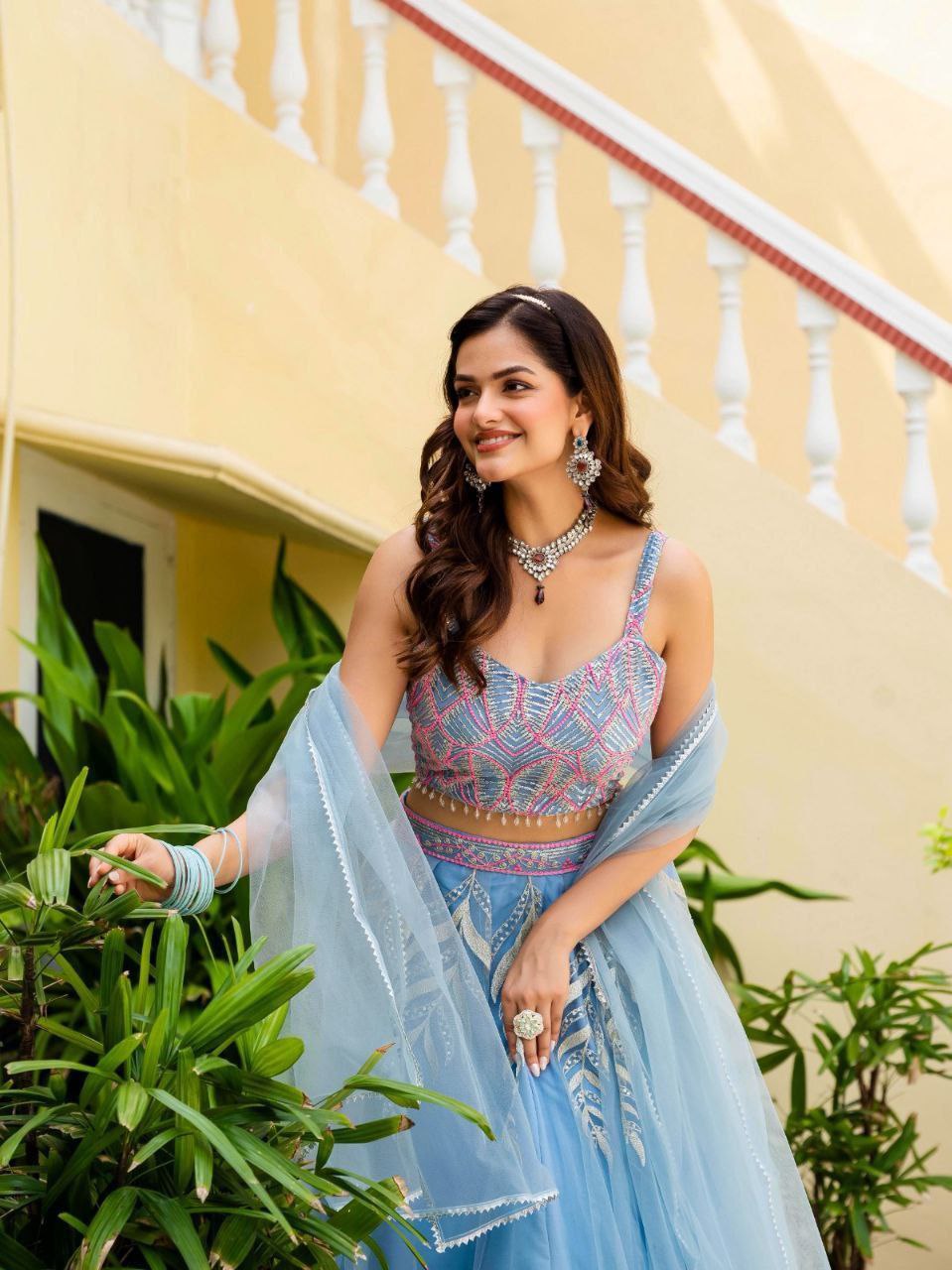 Dusty Blue Elegant Net Lehenga with Zari, Sequin & Embroidery Work Semi-Stitched Lehenga with Matching Unstitched Blouse