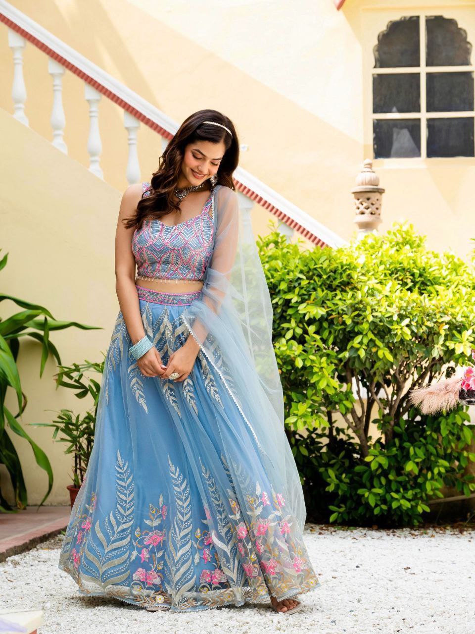 Dusty Blue Elegant Net Lehenga with Zari, Sequin & Embroidery Work Semi-Stitched Lehenga with Matching Unstitched Blouse