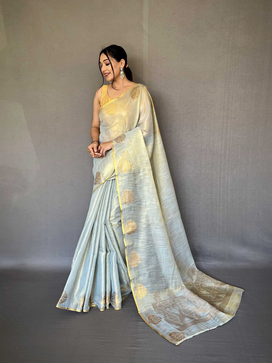 Dusty Blue Elegant Woven Tissue Silk Saree with Gold Accents Party & Festive Wear