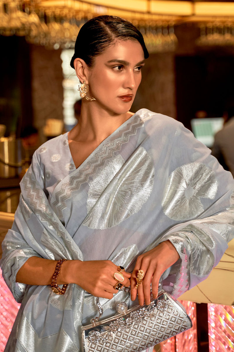 Dusty Blue Banarasi Silk Unstitched Saree with Designer Border