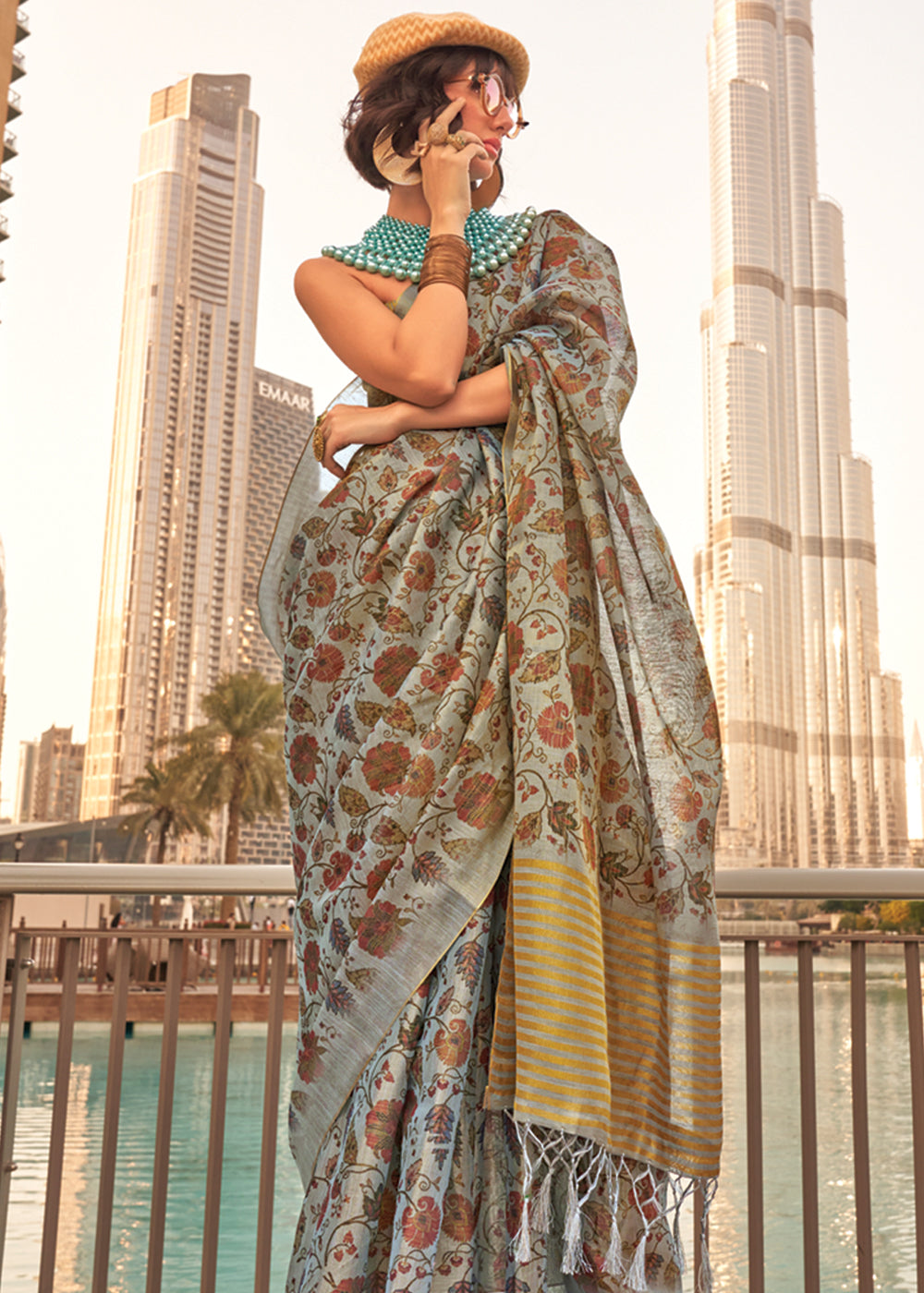 Dusty Blue Exquisite Blended Tissue Silk Saree with Blouse Piece
