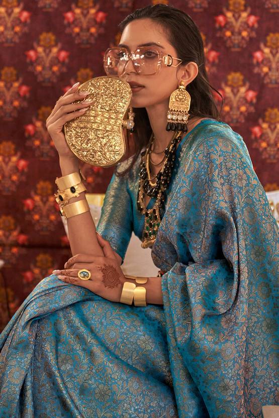 Dusty Blue Graceful Kanjivaram Silk Blend Saree – Woven Design