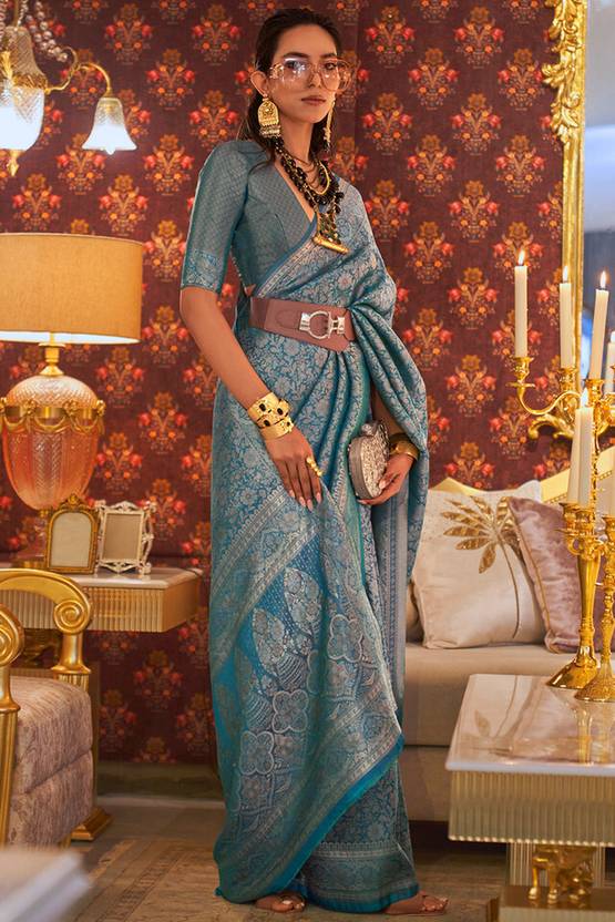 Dusty Blue Graceful Kanjivaram Silk Blend Saree – Woven Design