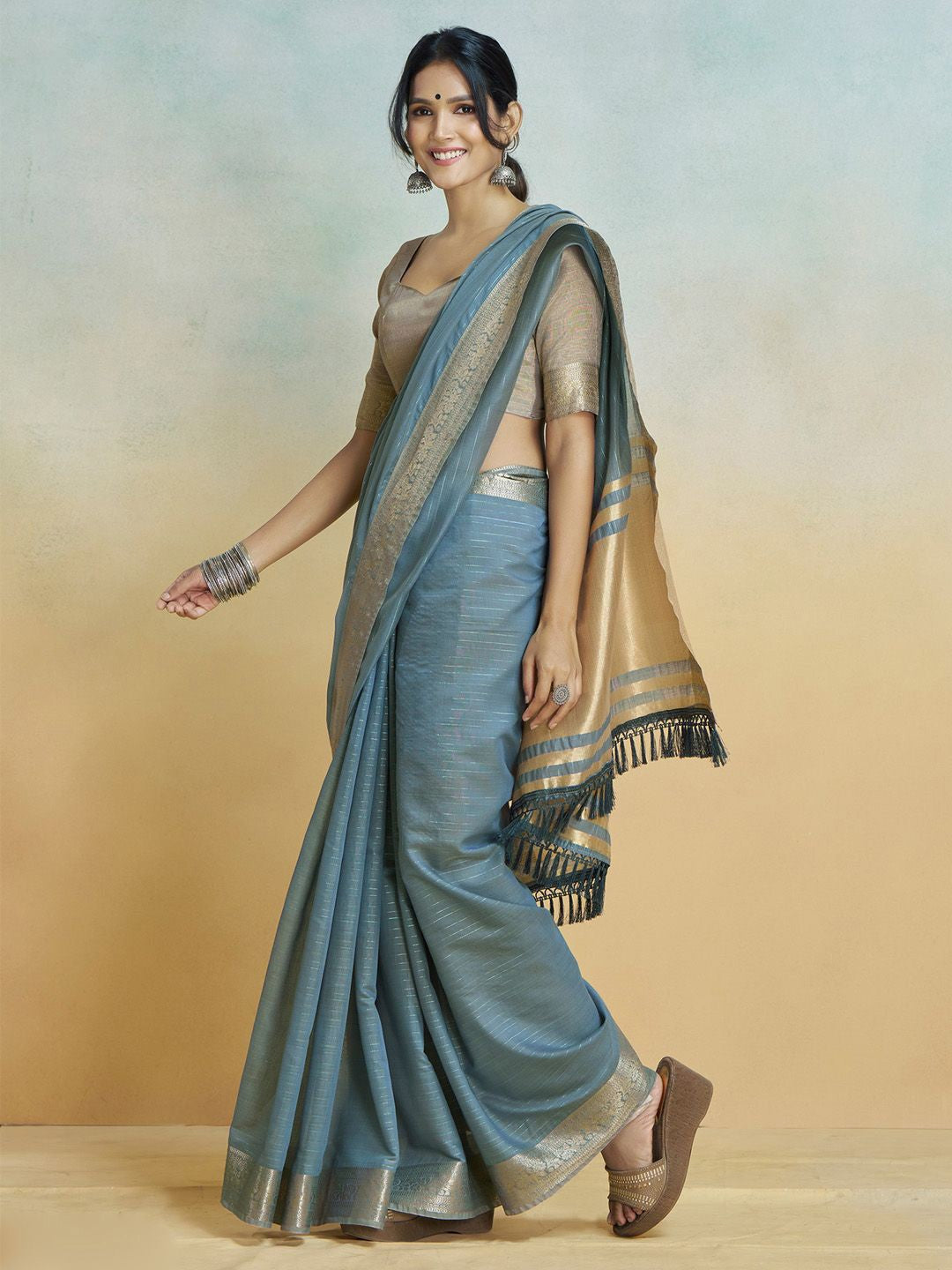 Dusty Blue Graceful Woven Handloom Pure Cotton Saree with Chanderi Cotton