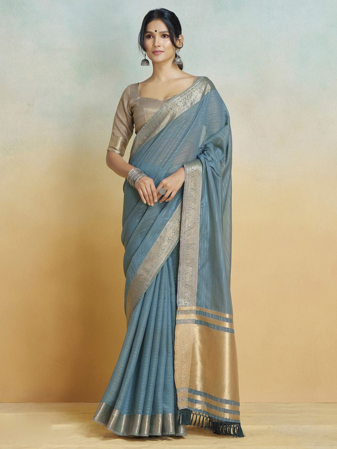 Dusty Blue Graceful Woven Handloom Pure Cotton Saree with Chanderi Cotton