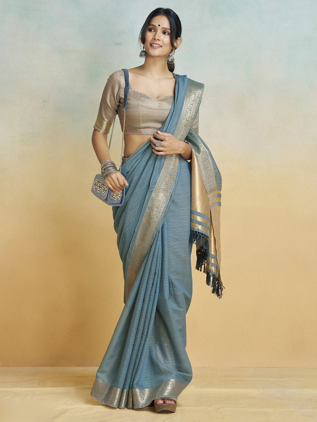 Dusty Blue Graceful Woven Handloom Pure Cotton Saree with Chanderi Cotton