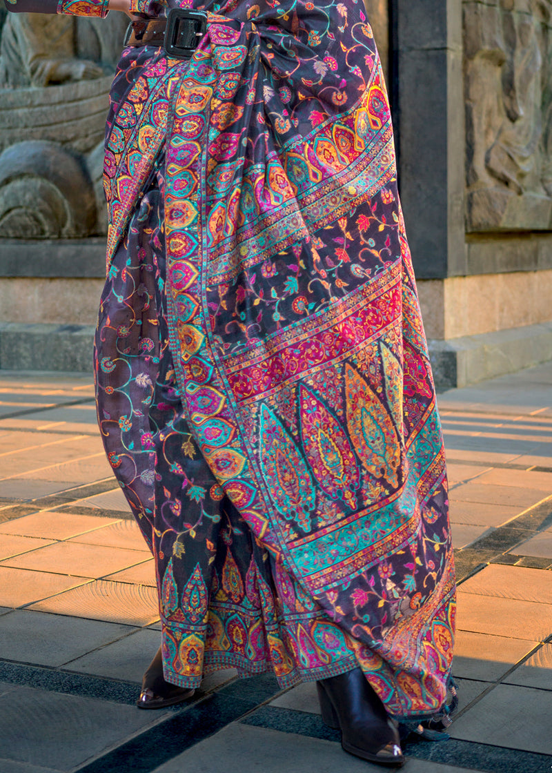 Dusty Blue Jamawar Woven Organza Silk Saree – Traditional Elegance with Blouse Piece
