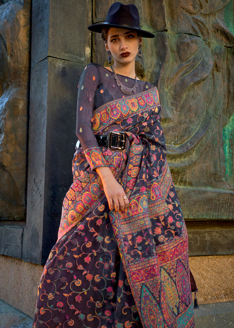 Dusty Blue Jamawar Woven Organza Silk Saree – Traditional Elegance with Blouse Piece