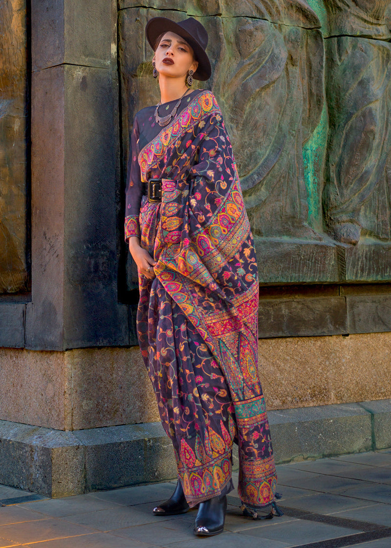 Dusty Blue Jamawar Woven Organza Silk Saree – Traditional Elegance with Blouse Piece