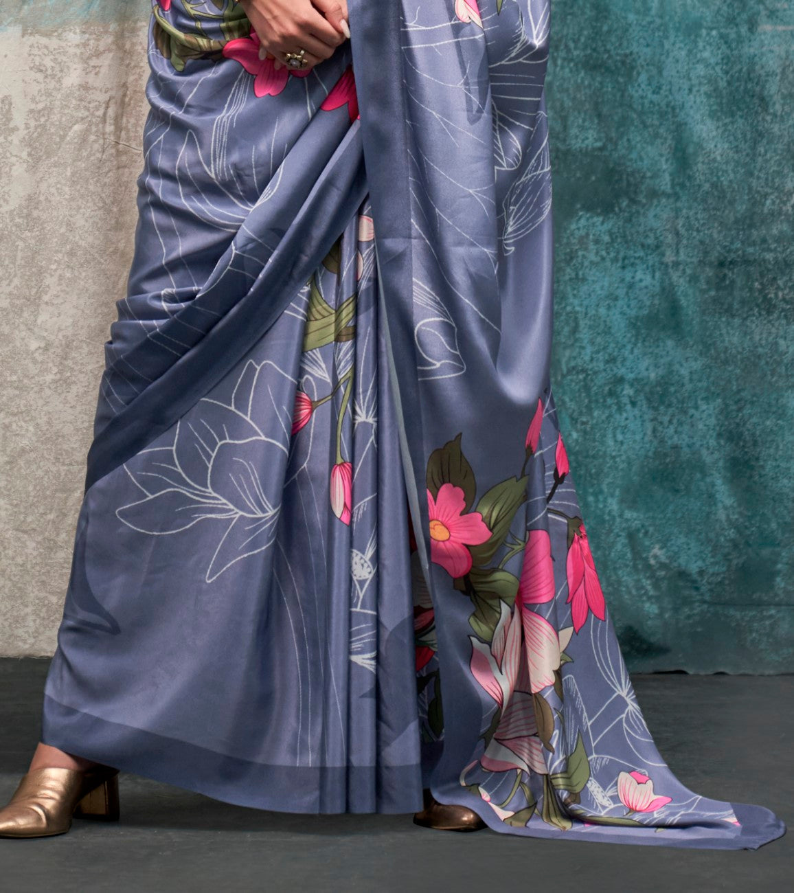 Dusty Blue Printed Chanderi Crepe Saree with Unstitched Blouse