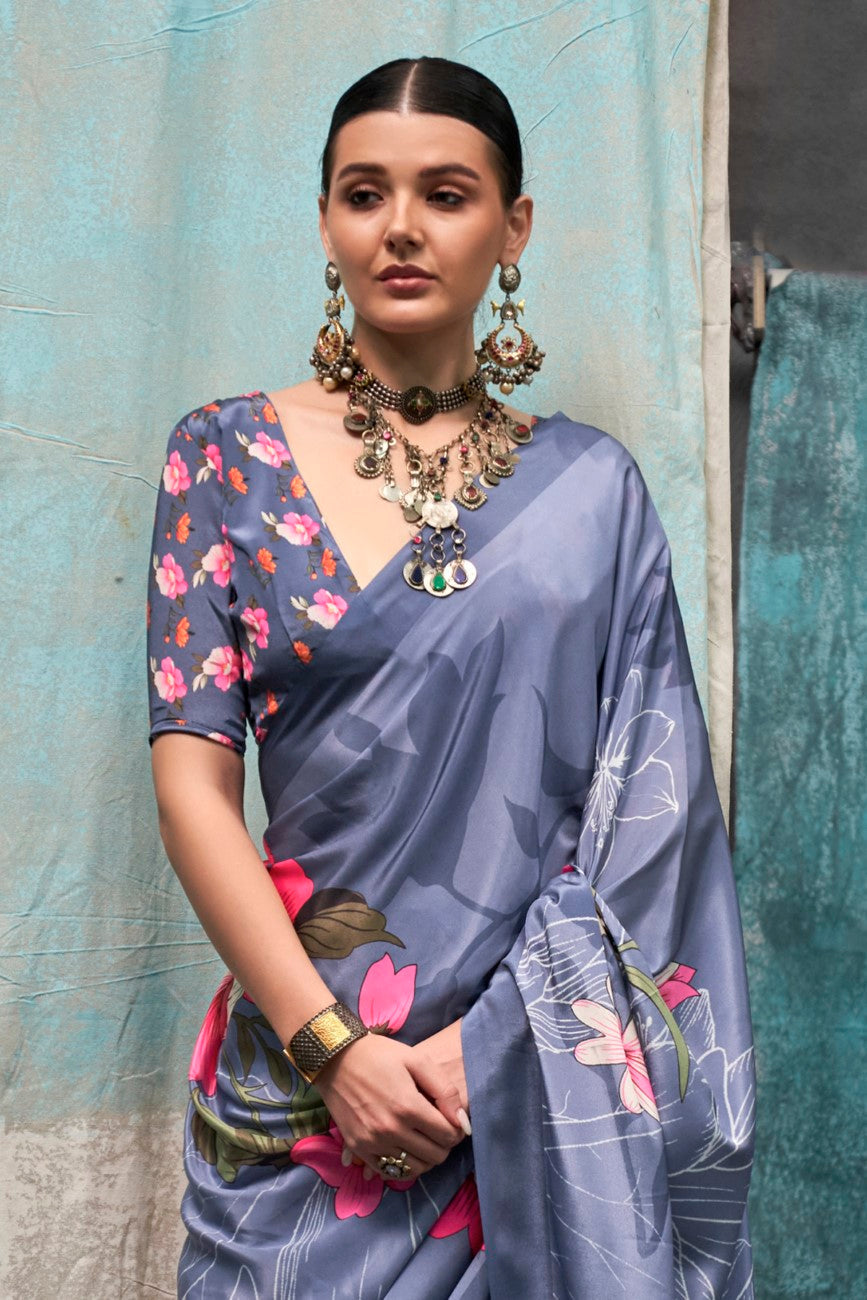 Dusty Blue Printed Chanderi Crepe Saree with Unstitched Blouse
