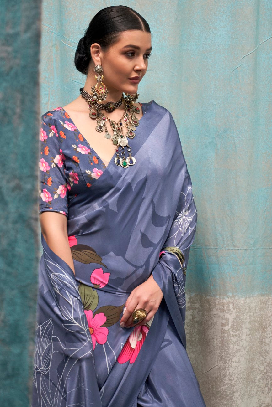 Dusty Blue Printed Chanderi Crepe Saree with Unstitched Blouse
