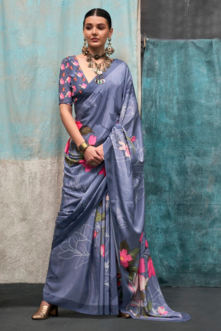 Dusty Blue Printed Chanderi Crepe Saree with Unstitched Blouse