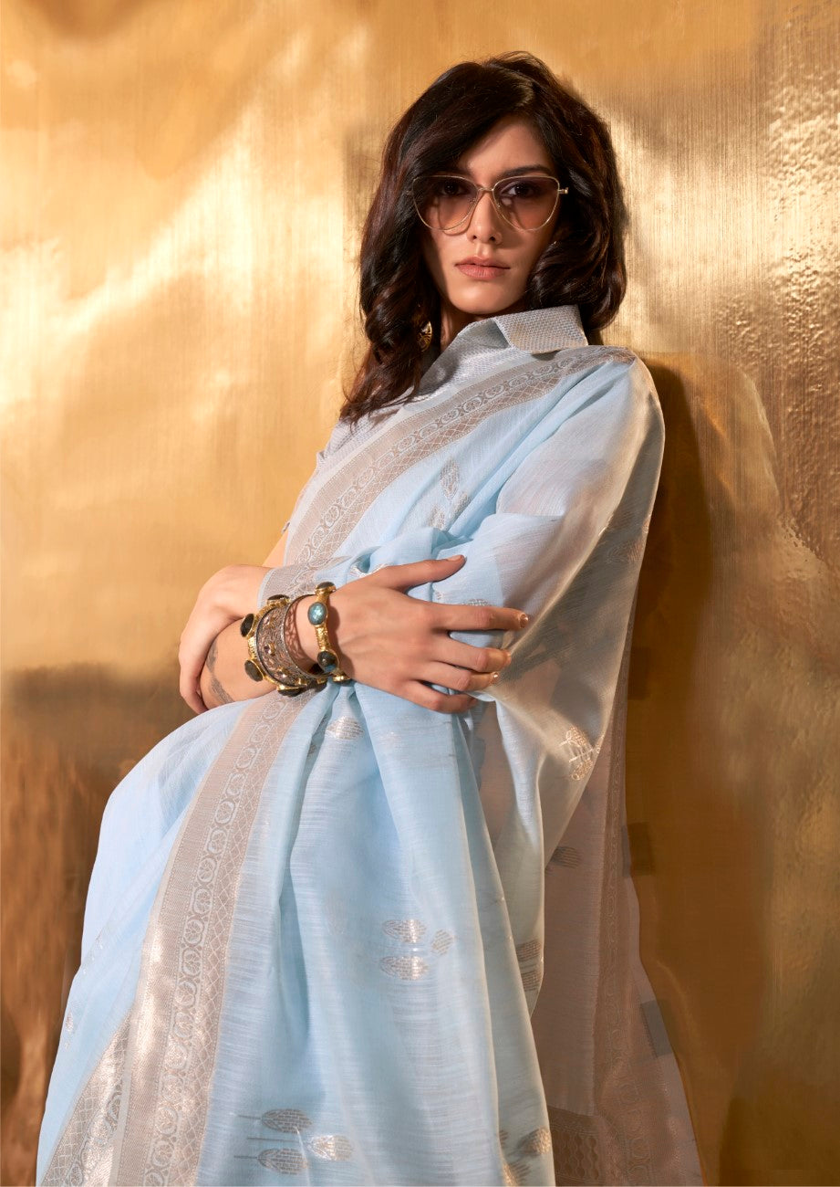 Dusty Blue Royal Banarasi Silk Saree with Contrast Border & Designer Pallu – Wedding Special