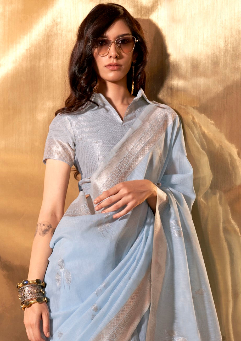 Dusty Blue Royal Banarasi Silk Saree with Contrast Border & Designer Pallu – Wedding Special