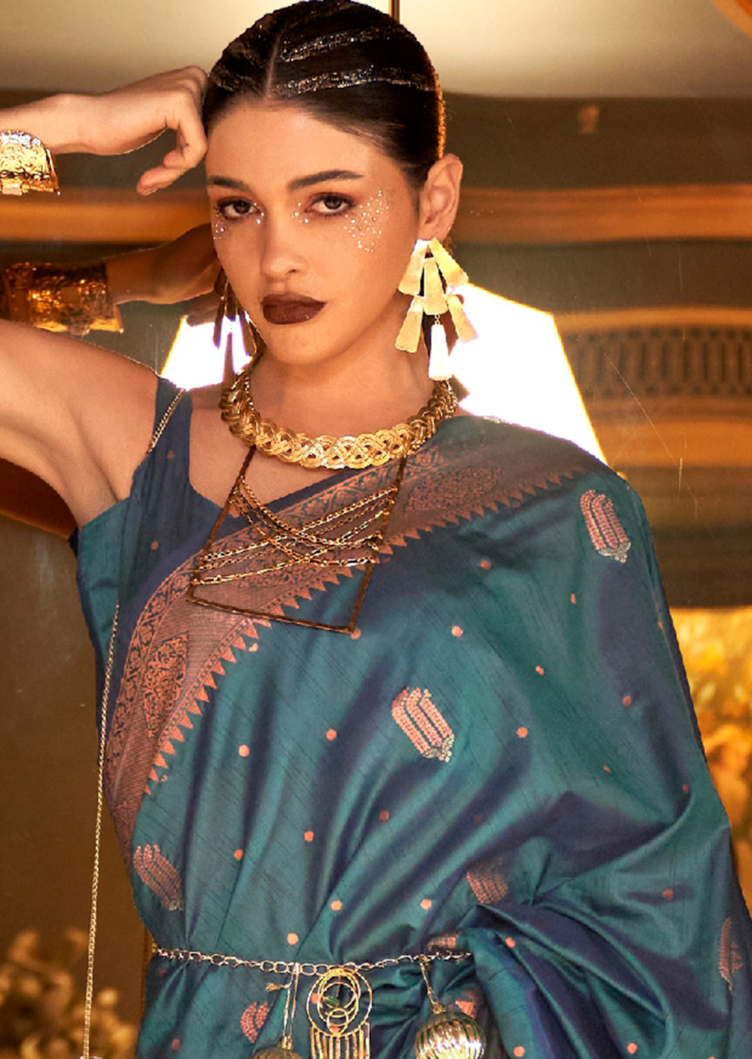 Dusty Blue Stunning Bollywood Style Tussar Silk Saree