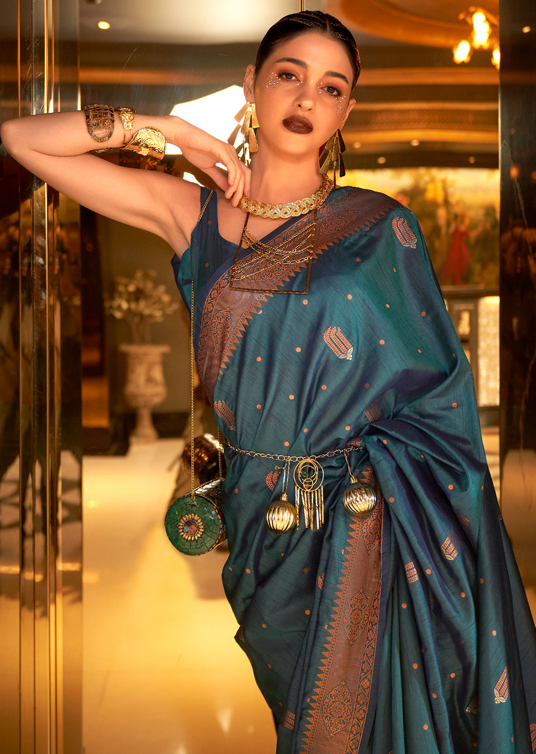 Dusty Blue Stunning Bollywood Style Tussar Silk Saree