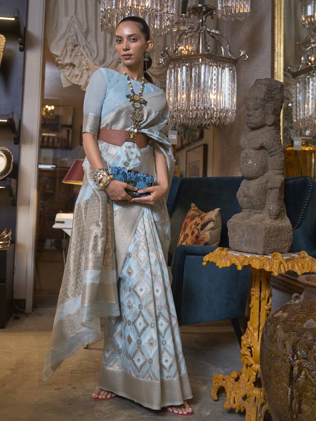 Dusty Blue Traditional Linen Banarasi Saree with Unstitched Blouse Piece