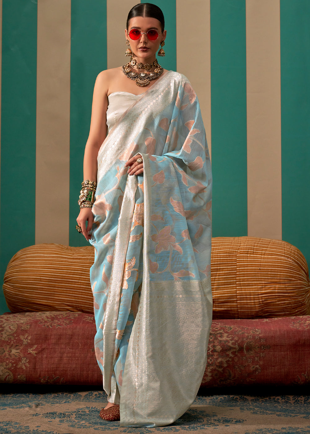 Dusty Blue Woven Cotton Silk Blend Linen Saree with Unstitched Blouse