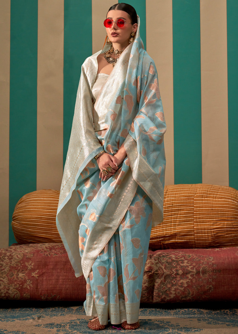Dusty Blue Woven Cotton Silk Blend Linen Saree with Unstitched Blouse