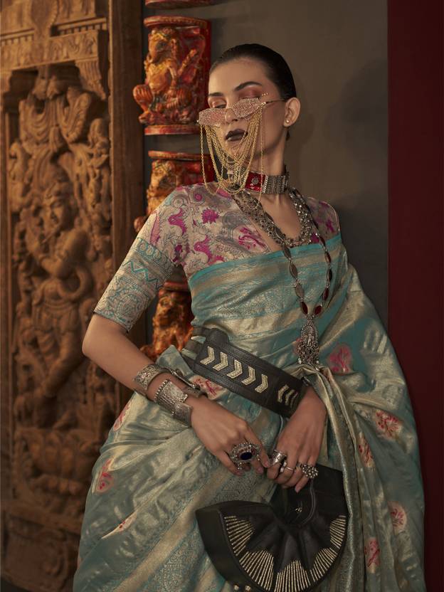 Dusty Green Elegant Banarasi Silk Blend Saree with Woven Design & Tassel Detailing