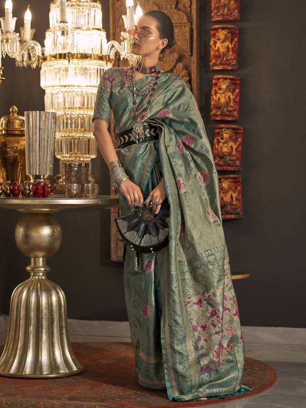 Dusty Green Elegant Banarasi Silk Blend Saree with Woven Design & Tassel Detailing