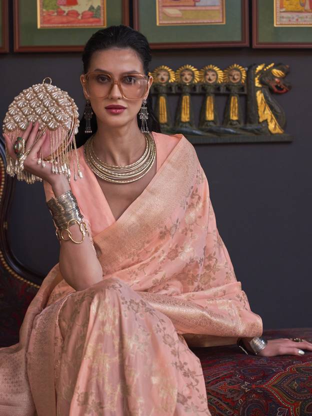 Dusty Orange Banarasi Silk Blend Saree with Bidri Work & Zari Buta – Gold Accents & Tassel Detailing