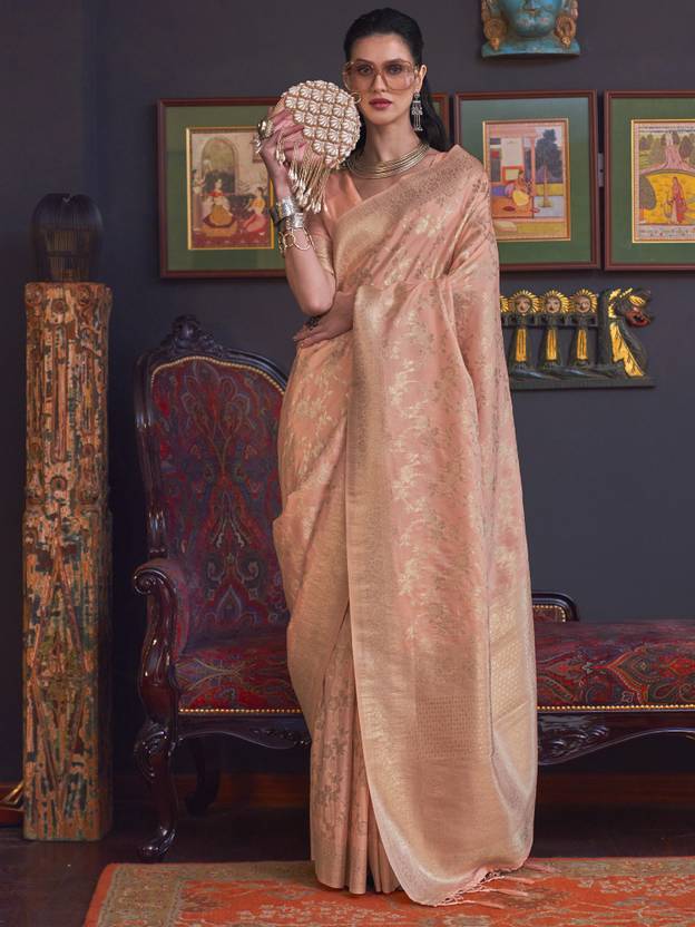 Dusty Orange Banarasi Silk Blend Saree with Bidri Work & Zari Buta – Gold Accents & Tassel Detailing