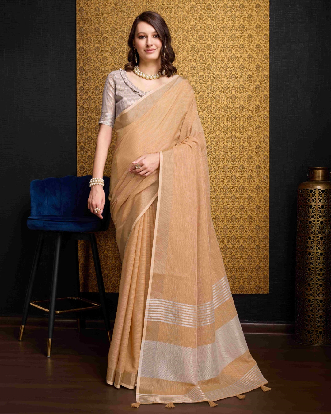 Dusty Orange Elegant Solid Saree with Zari Border – Timeless Grace