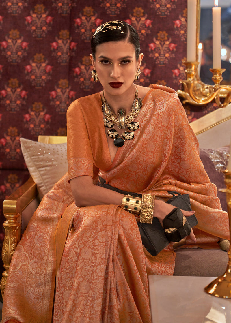 Dusty Orange Graceful Kanjivaram Silk Blend Saree – Woven Design