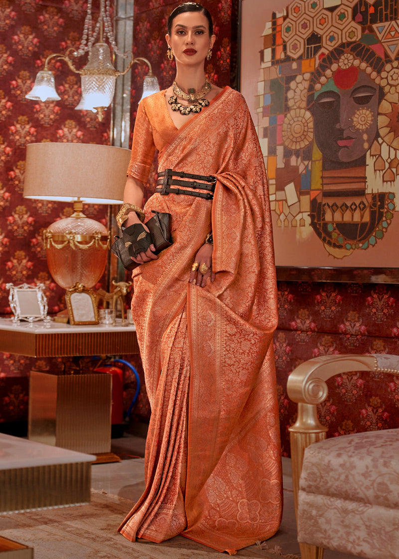 Dusty Orange Graceful Kanjivaram Silk Blend Saree – Woven Design