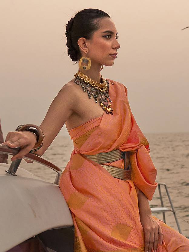 Dusty Orange Graceful Silk Blend Kanjivaram Saree with Tassel Detailing