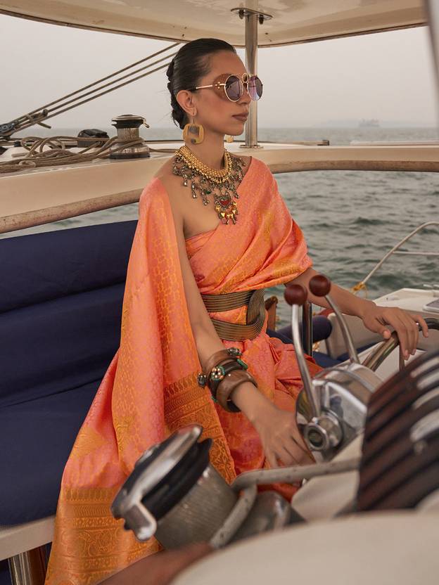 Dusty Orange Graceful Silk Blend Kanjivaram Saree with Tassel Detailing