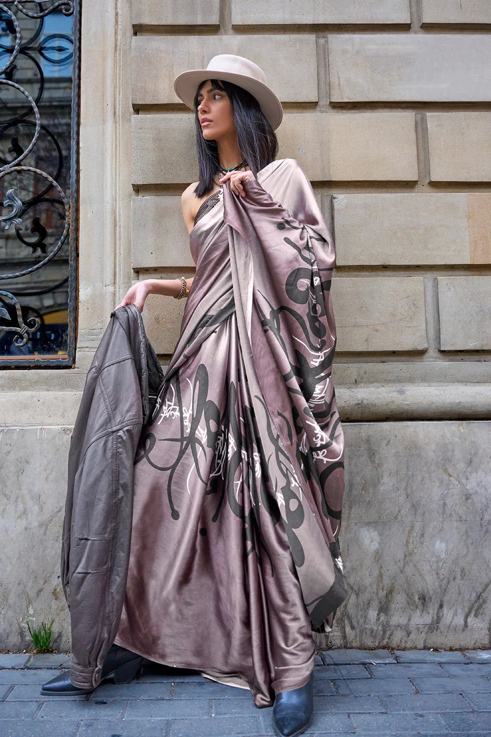 Dusty Purple Digital Printed Satin Crepe Saree with Blouse Piece – Festive & Partywear