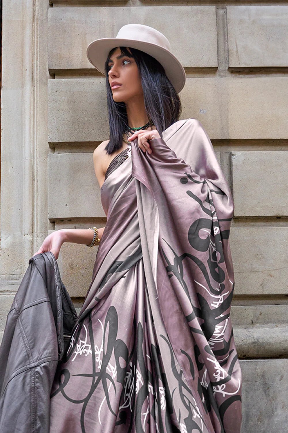 Dusty Purple Digital Printed Satin Crepe Saree with Blouse Piece – Festive & Partywear